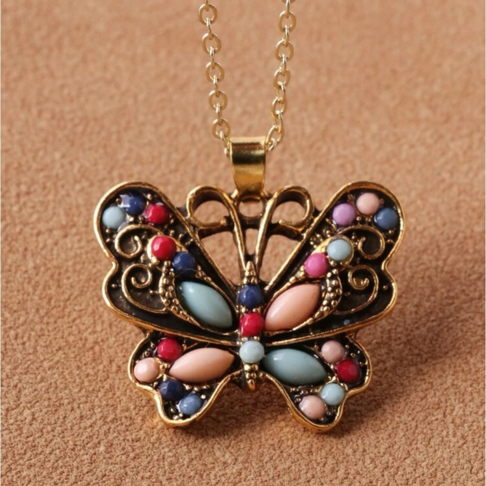 Vintage Multi-Turquoise Butterfly Gold Over Sterling Silver 4.00 ctw Necklace - Picture 3 of 12